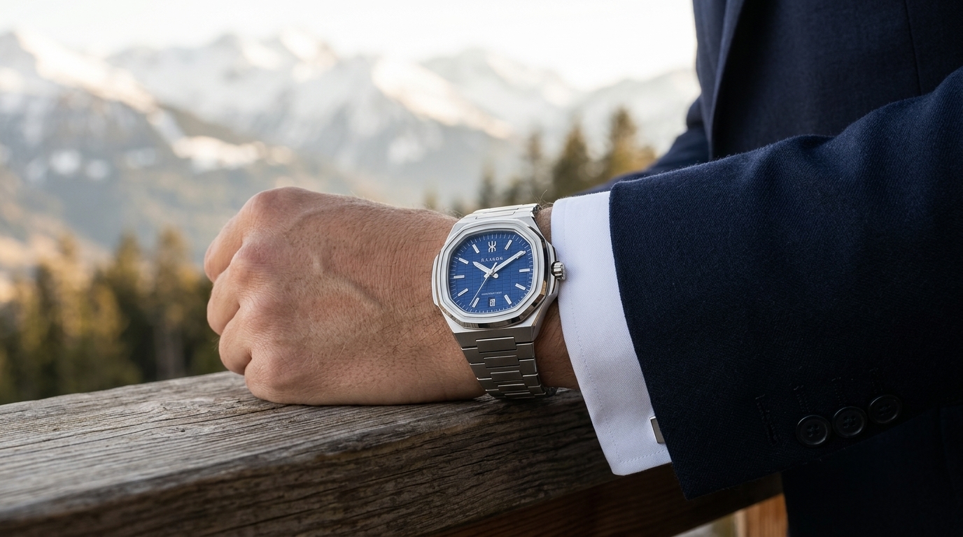 KAALOR Epoch Azure Blue on wrist with navy suit cuff against alpine mountains