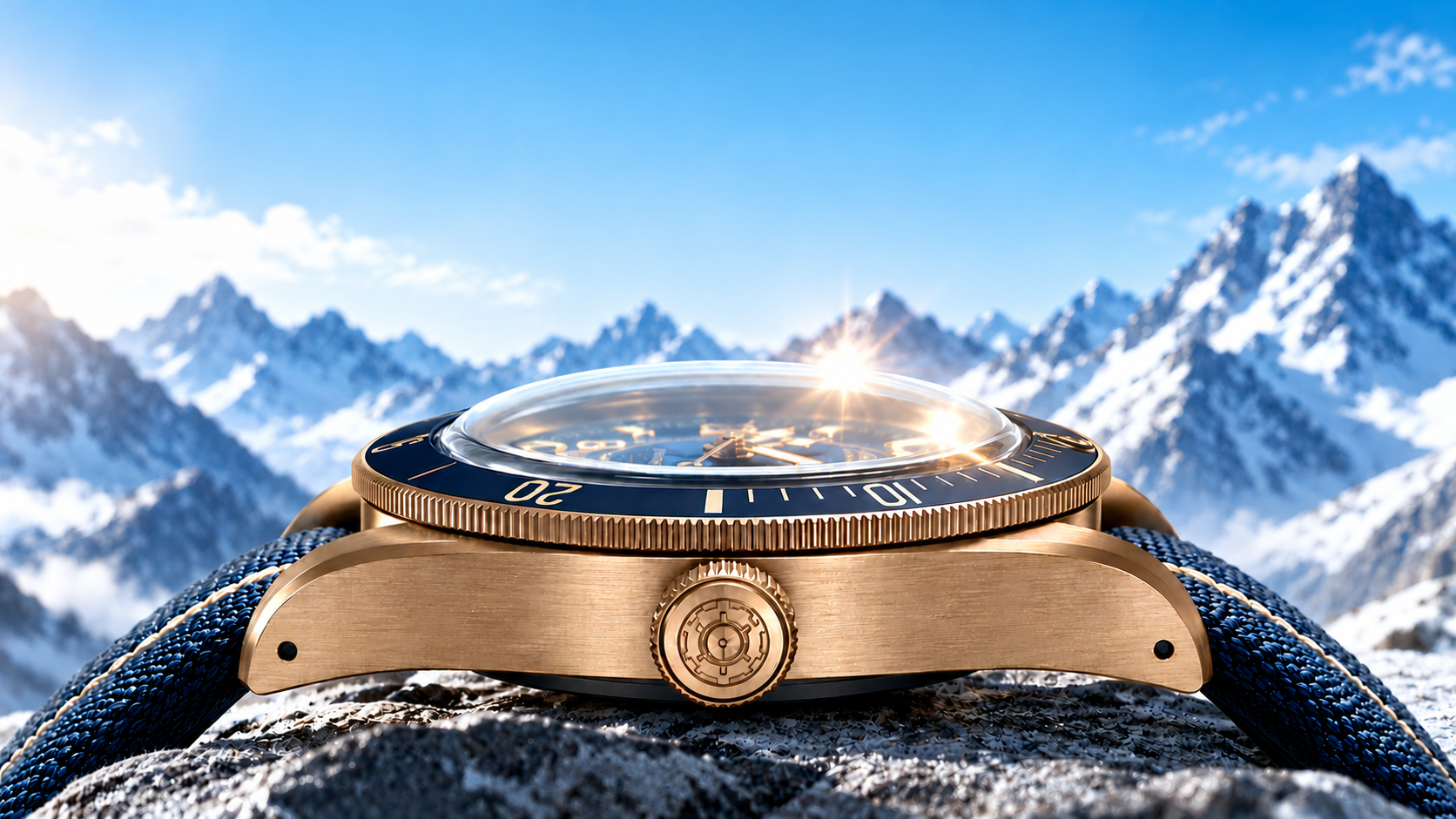 KAALOR Epoch Azure Blue wristwatch with a sunburst blue dial, shown against an alpine mountain landscape